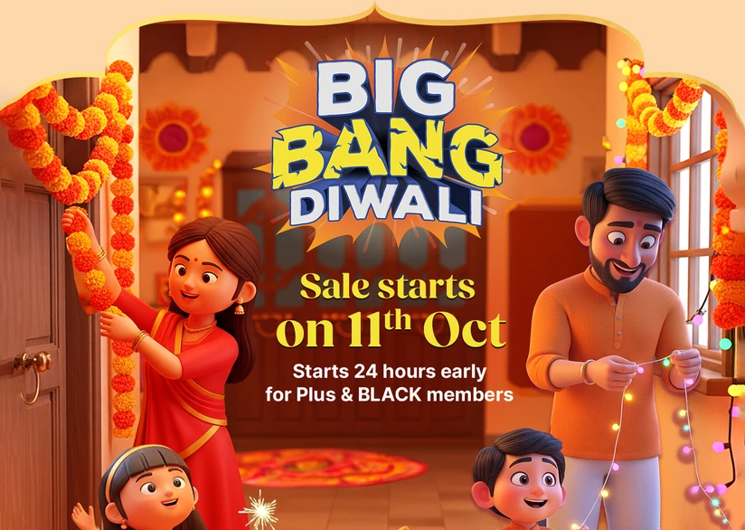Promotional image for the Big Bang Diwali Sale 2025. An illustration of a family celebrating, promoting festive deals on gadgets.