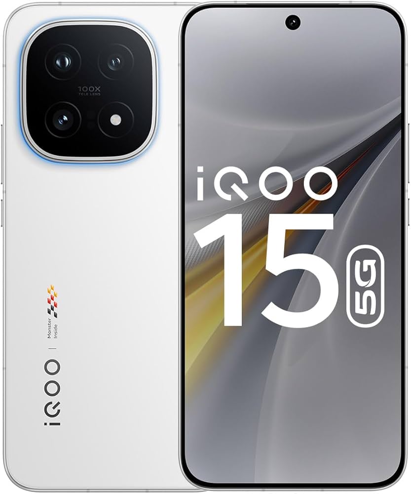 iQOO 15 Legend Edition white smartphone showing back panel with triple 50MP camera module and front 2K 144Hz display with 5G logo.