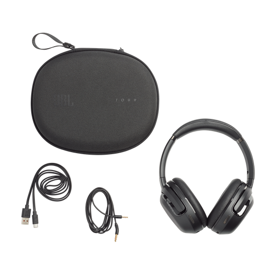 A hero shot of the JBL Tour ONE M2 headphones in Matte Black, showing the side profile with the physical power switch, volume controls, and JBL logo.