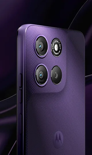 Close-up of Motorola G67 Power rear camera module in deep purple color finish.