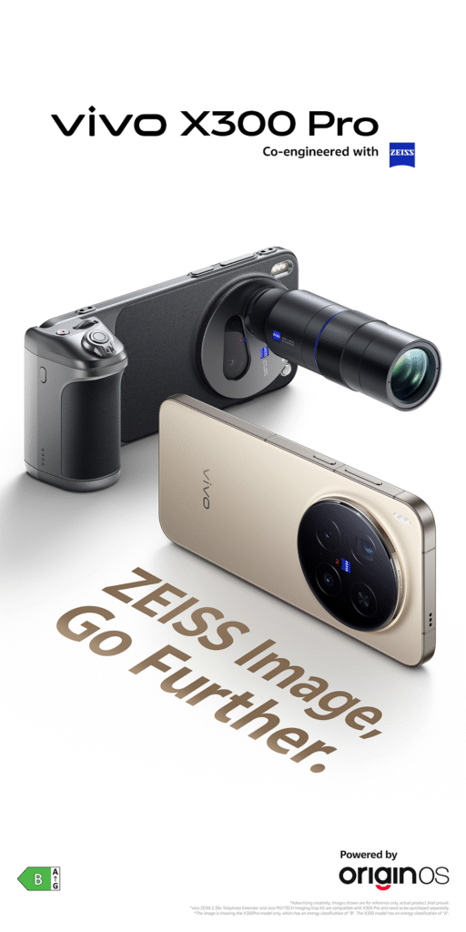 A promotional poster for the vivo X300 Pro showing the phone alongside the optional Professional Photography Kit with its telephoto extender lens and battery grip.
