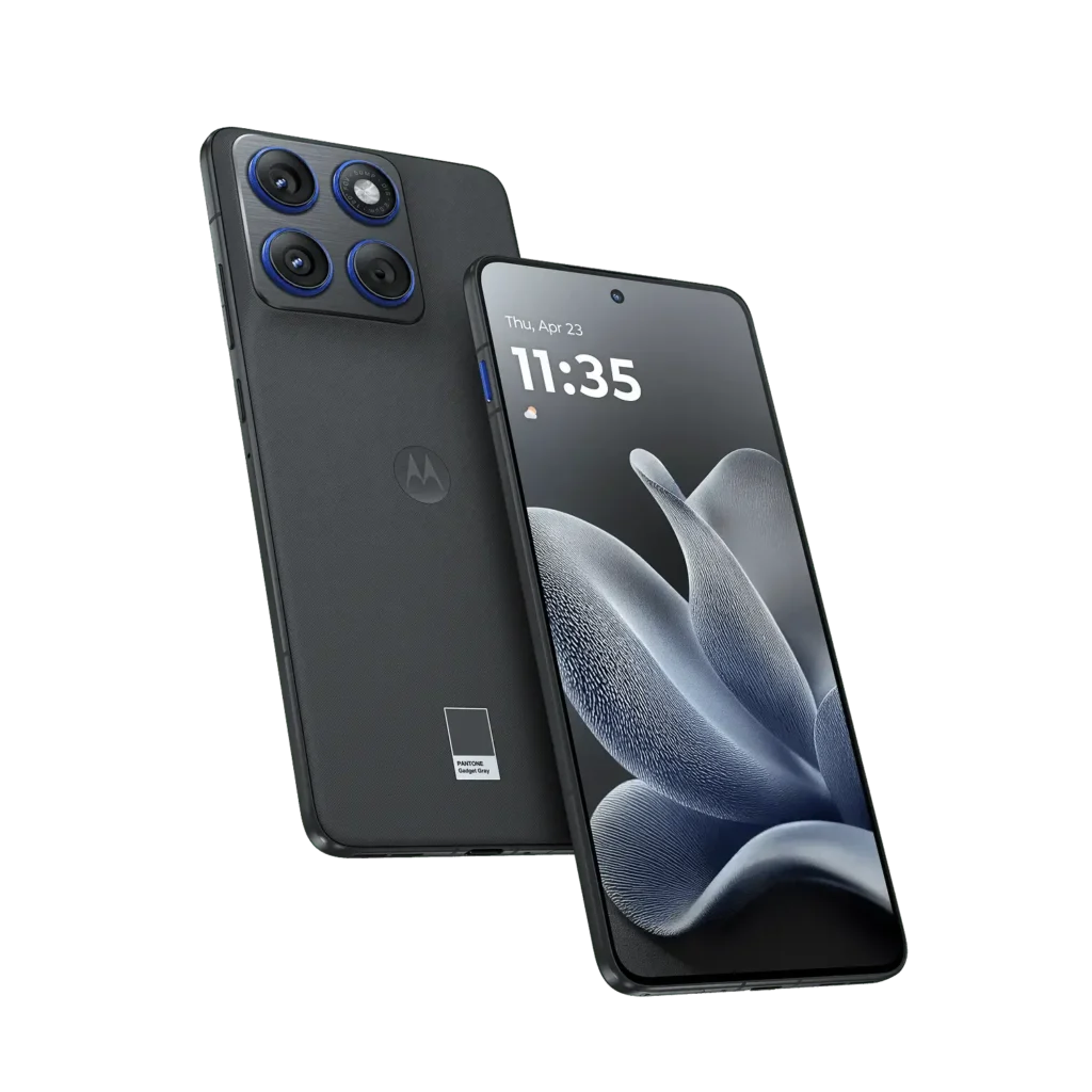 Motorola Edge 70 smartphone in Gadget Grey showing front flat display and ultra-slim profile.