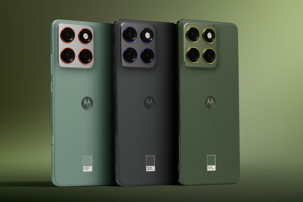 Motorola Edge 70 color variants lineup showing Lily Pad, Gadget Grey, and Bronze Green options.