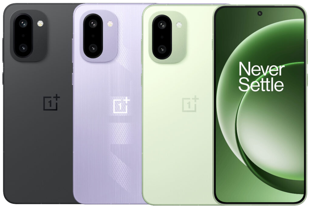 OnePlus 15R color options with front display showing Never Settle branding