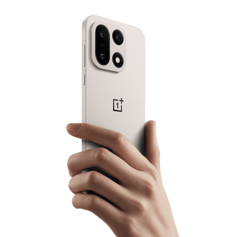 OnePlus 15R back design showing triple camera setup and premium matte finish in hand